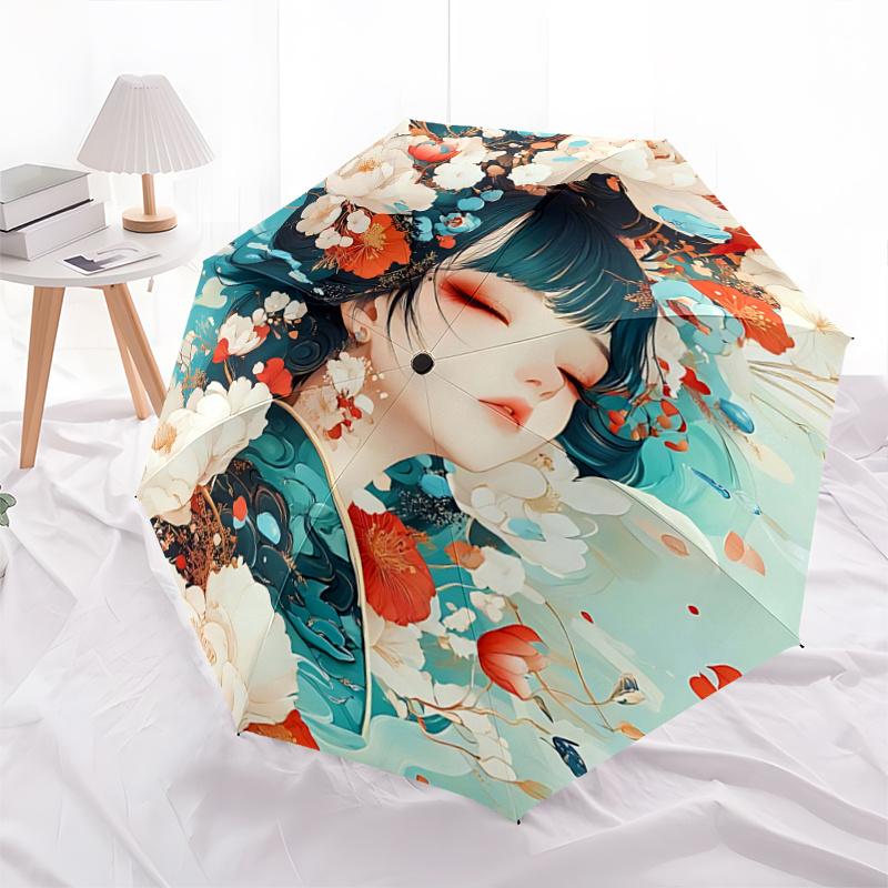 1 Stück Blumen-Fantasy-Regenschirm, Automatisches Öffnen/Schließen, Faltbares Design, Eisenrahmen, Für den Außenbereich, Festivalgeschenk, Geeignet für Fans, Reisen, Alltag