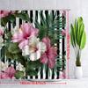 1pc Tropical Hibiscus Shower Curtain-pink and White Flowers, Yellow Stamens Black and White Striped Palm Leaves Polyester Fabric