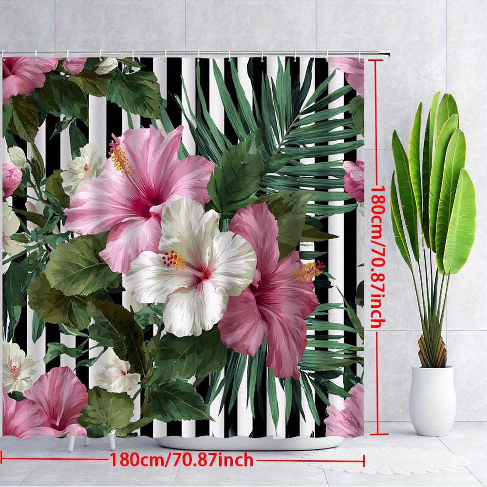 1pc Tropical Hibiscus Shower Curtain-pink and White Flowers, Yellow Stamens Black and White Striped Palm Leaves Polyester Fabric