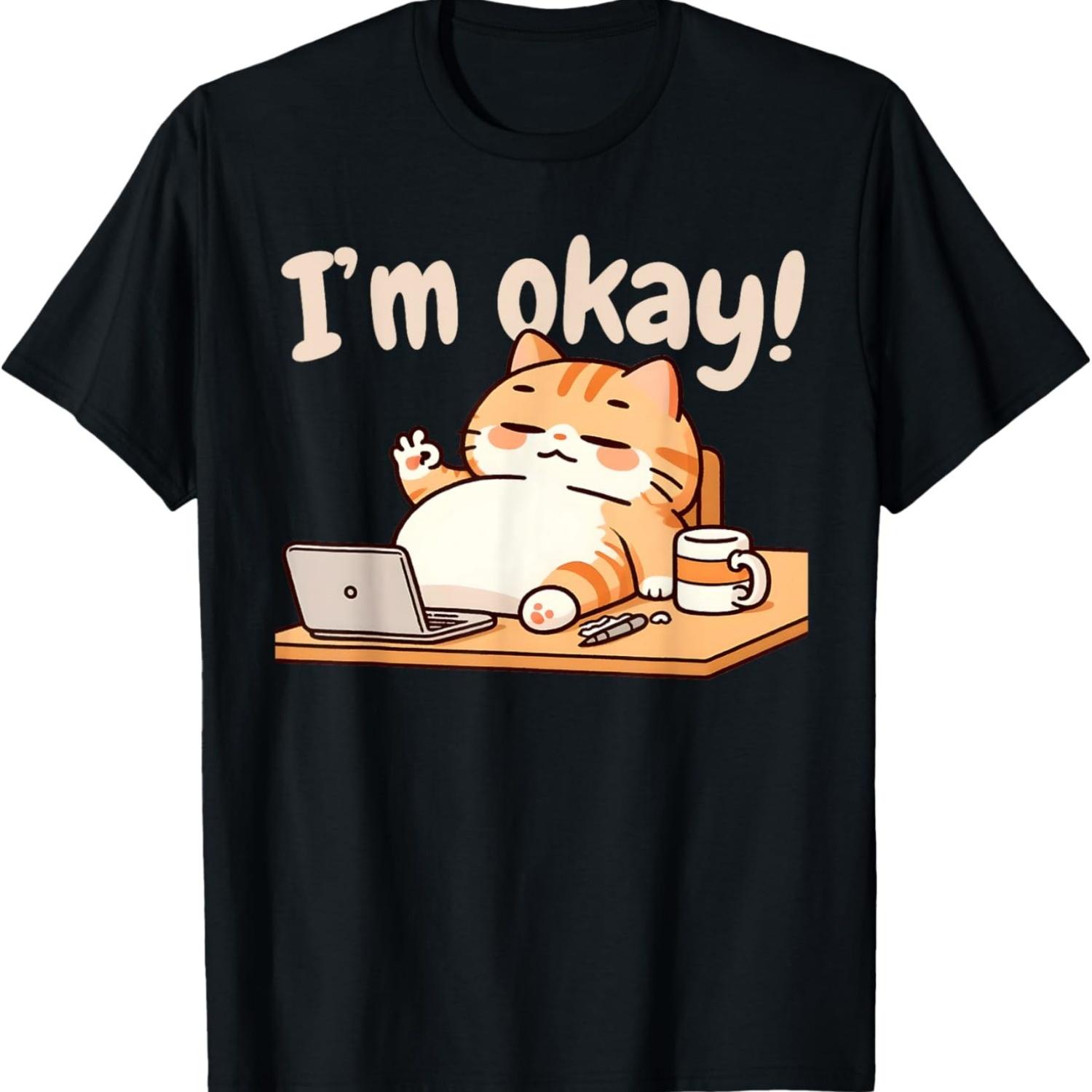 Funny Cat Hard Work Cat OKay Employee Office Meme Tired Cat T-Shirt S чёрный