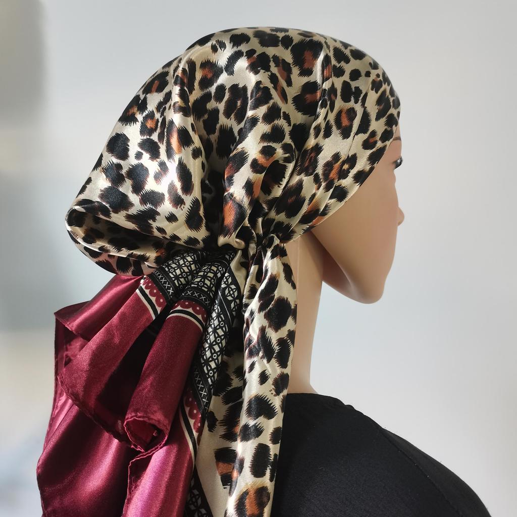 Leopard Printed Satin Silk Hat Caps Woman Muslim Hijab Hat Lady Fashion Instant Scarf Islamic Turban Bandana Foulard Headband