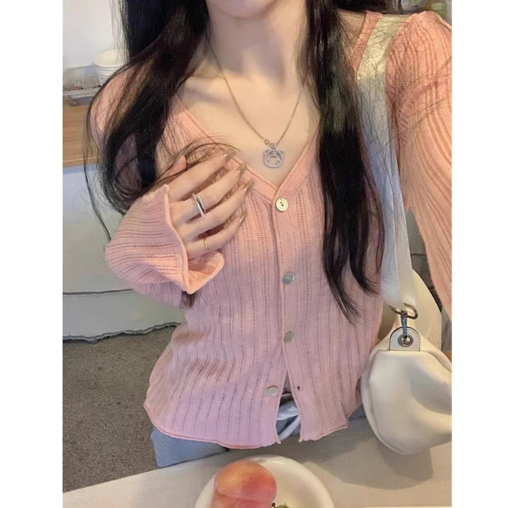 Spring New Button Collar Texture Knitted Bottoming Shirt Women's Age-reducing Girl Long-sleeved Top Cardigan