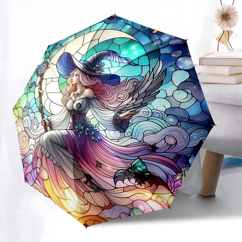 

1pc Stained Glass Witch Design Automatic Opening/Closing Umbrella - Portable Tri-Fold Design with 8-Bone Iron Frame, Outdoor, Festive Gift for Fans, T