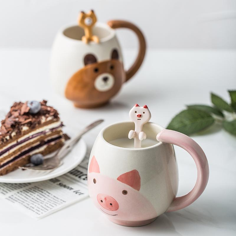 Hand-painted Coffee Cup Lovely Panda/Frog/Cat/Pig Ceramic Mug Teacup Include Teaspoon LW0321603