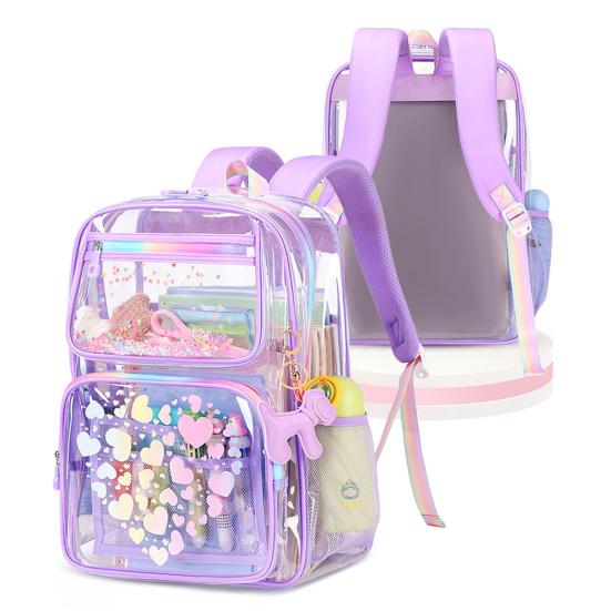 Kids Clear Backpack Waterproof Student Backpack with Love Heart Prints Book Bag with Front Zipper Pockets for Boys Girls School Street