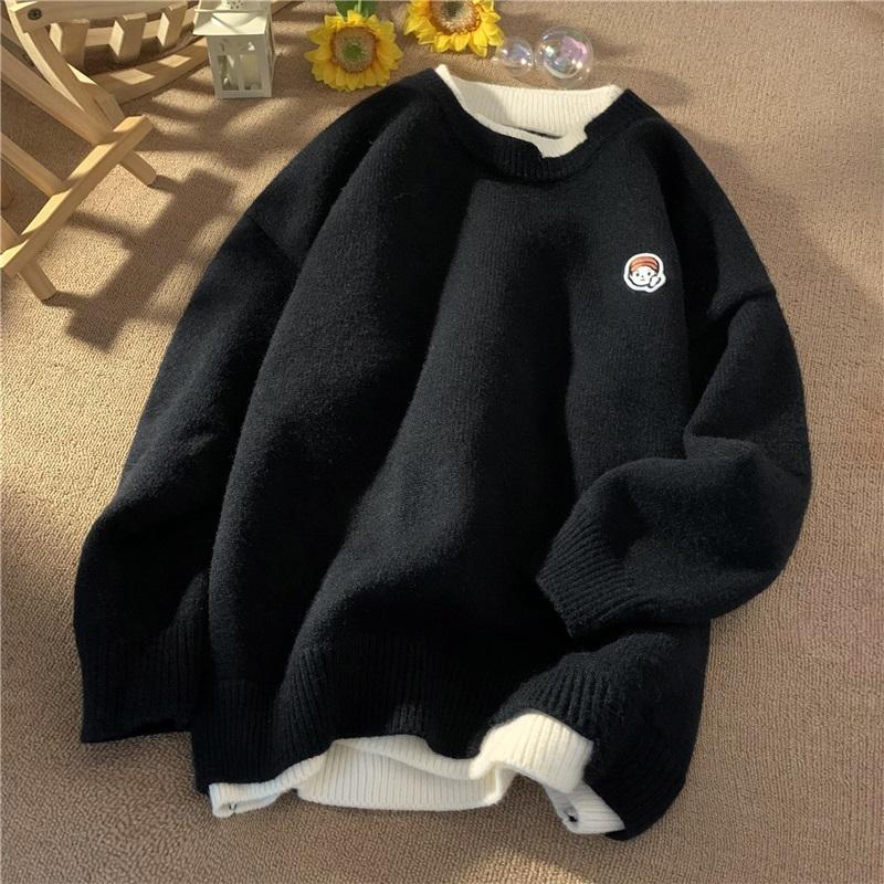 Men's Fake Two Piece Knit Sweater Crew Neck Casual Embroidered Pullover