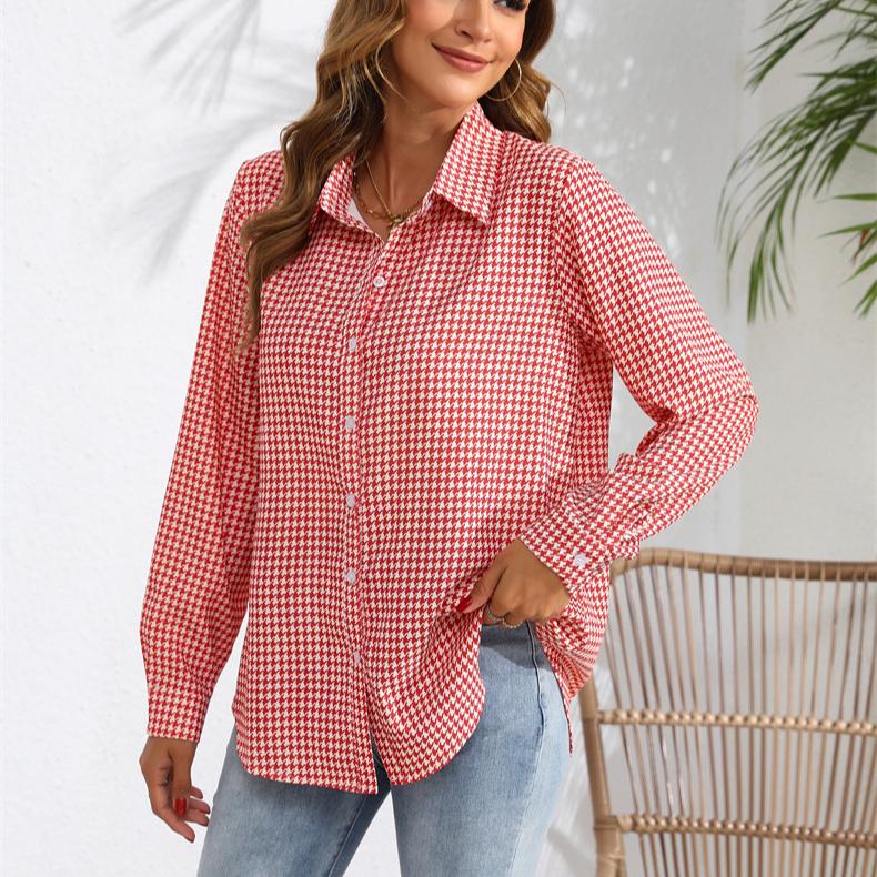 Abbigliamento da Donna Top Stampati per Primavera Autunno Colletti a Revers Camicetta a Quadri Camicia da Donna Larga Casual a Maniche Lunghe
