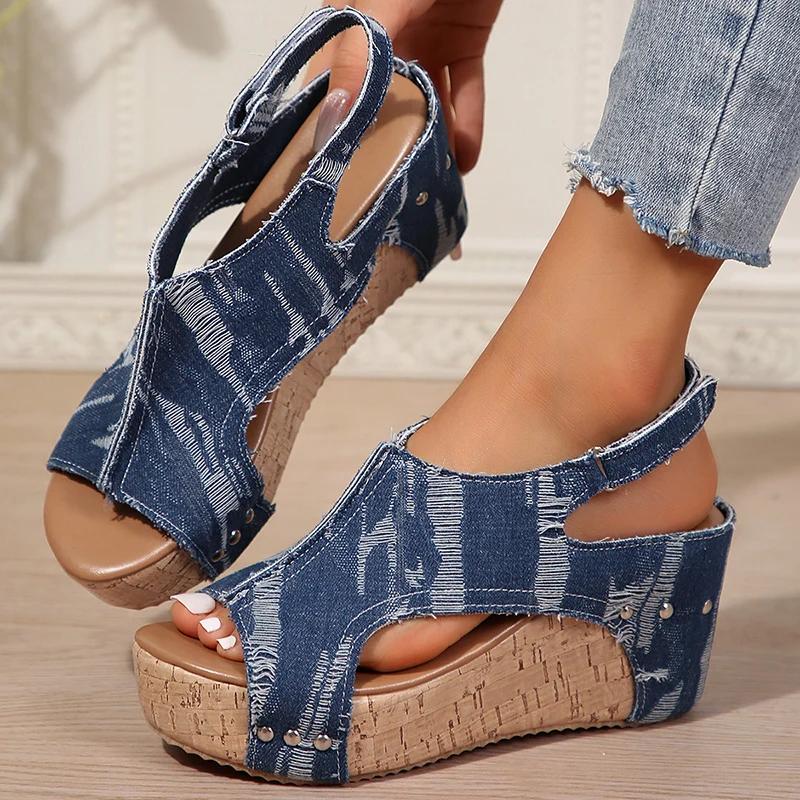 Fashion Fashion Blue Denim Wedges Sandals for Women 2025 Summer Thick Bottom Beach Shoes Woman Peep Toe Chunky Platform Sandalias Mujer