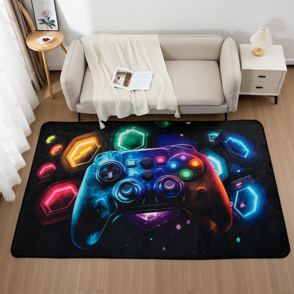 Neon Hexagon Game Controller Rug, Colorful Glowing Geometric Frame Print, Non-Slip Washable Floor Mat for Gaming Room Indoor