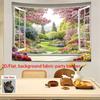 2D Beautiful Garden View Through White Window Photography Backdrop