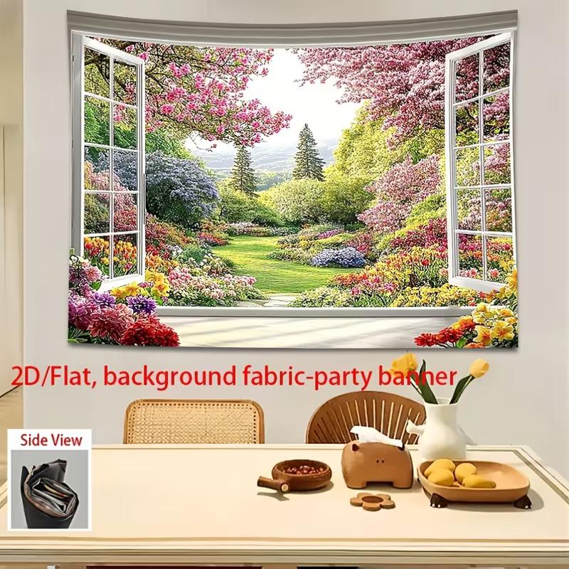 2D Beautiful Garden View Through White Window Photography Backdrop