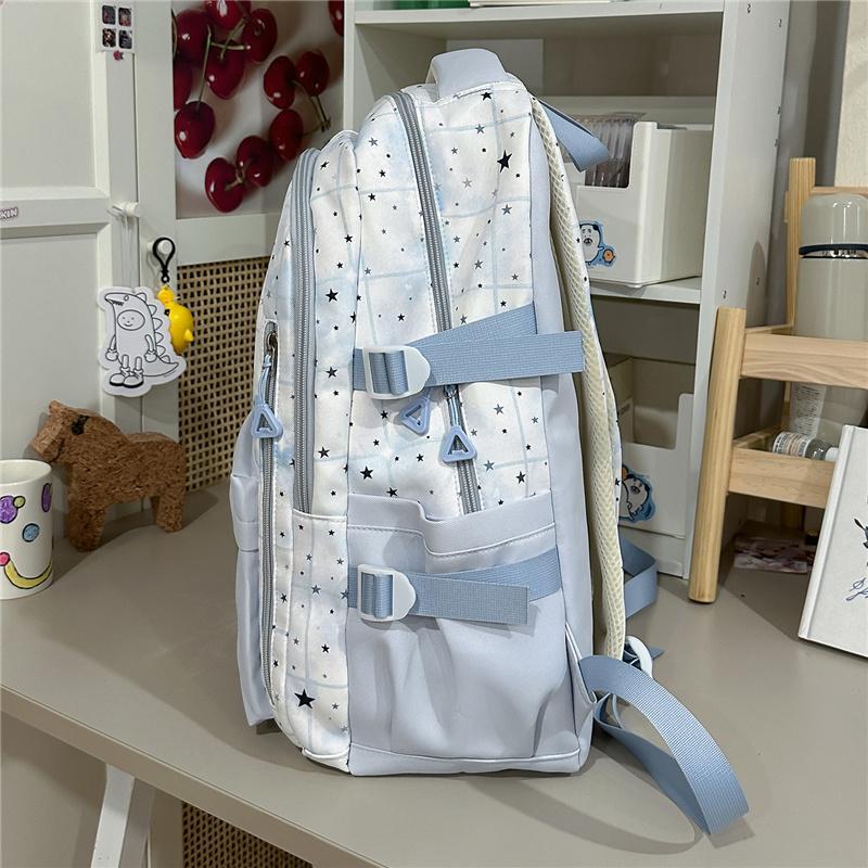 Cute Star Print School Backpack Lightweight Nylon Zipper Daypack with Clear Pocket for Teen Girls Daily Travel