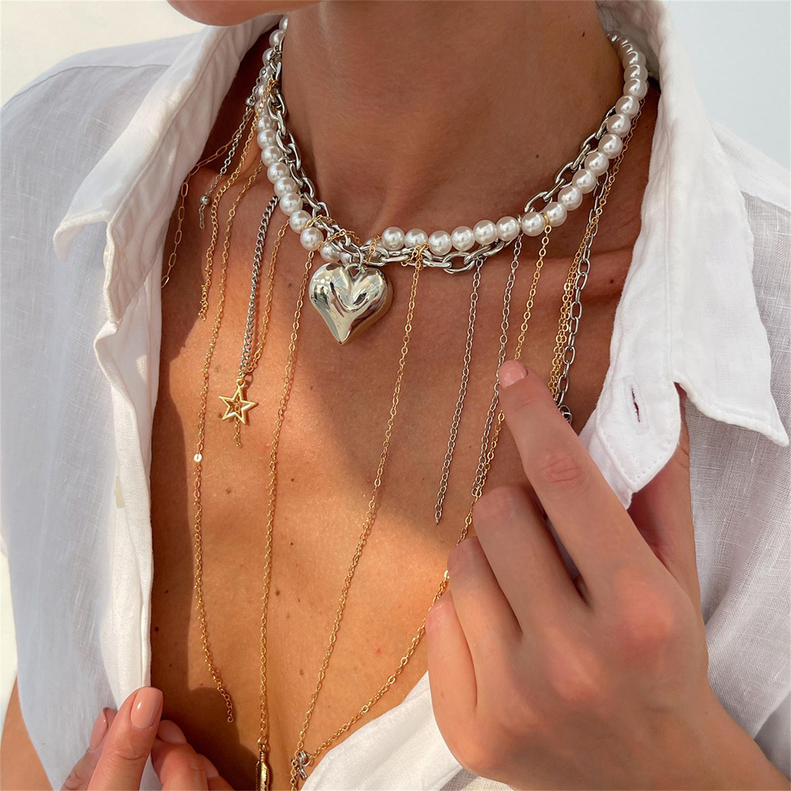 

Жемчужные ожерелья с подвеской в виде сердца для женщин, имитация жемчуга, чокер с намоткой, звезда, лист, крест, кисточка, звеньевое ожерелье с подвеской, женское, для свадьбы, вечеринки one size