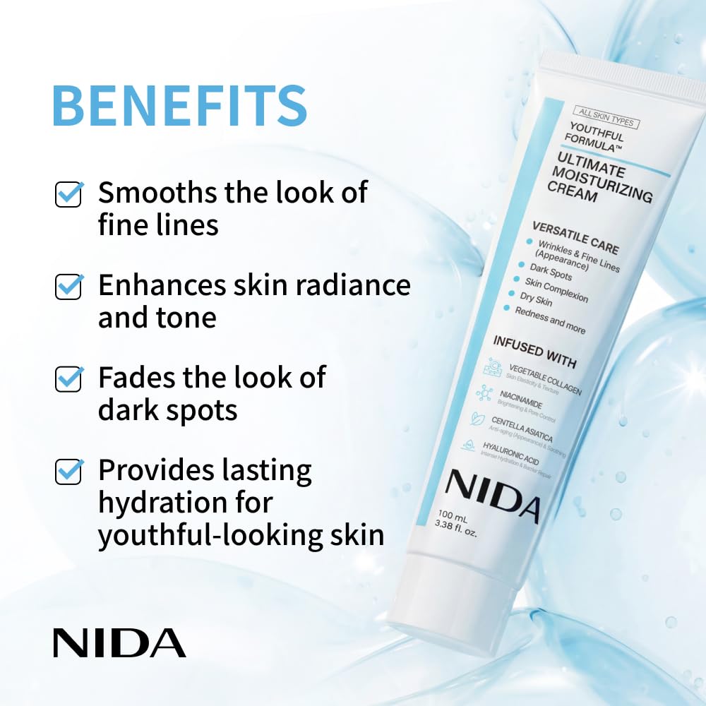 Crema Hidratante Definitiva NIDA | Centella Asiática, Ácido Hialurónico, Colágeno | Arrugas, Líneas Finas, Manchas Oscuras, Piel Seca, Enrojecimiento | 100ml