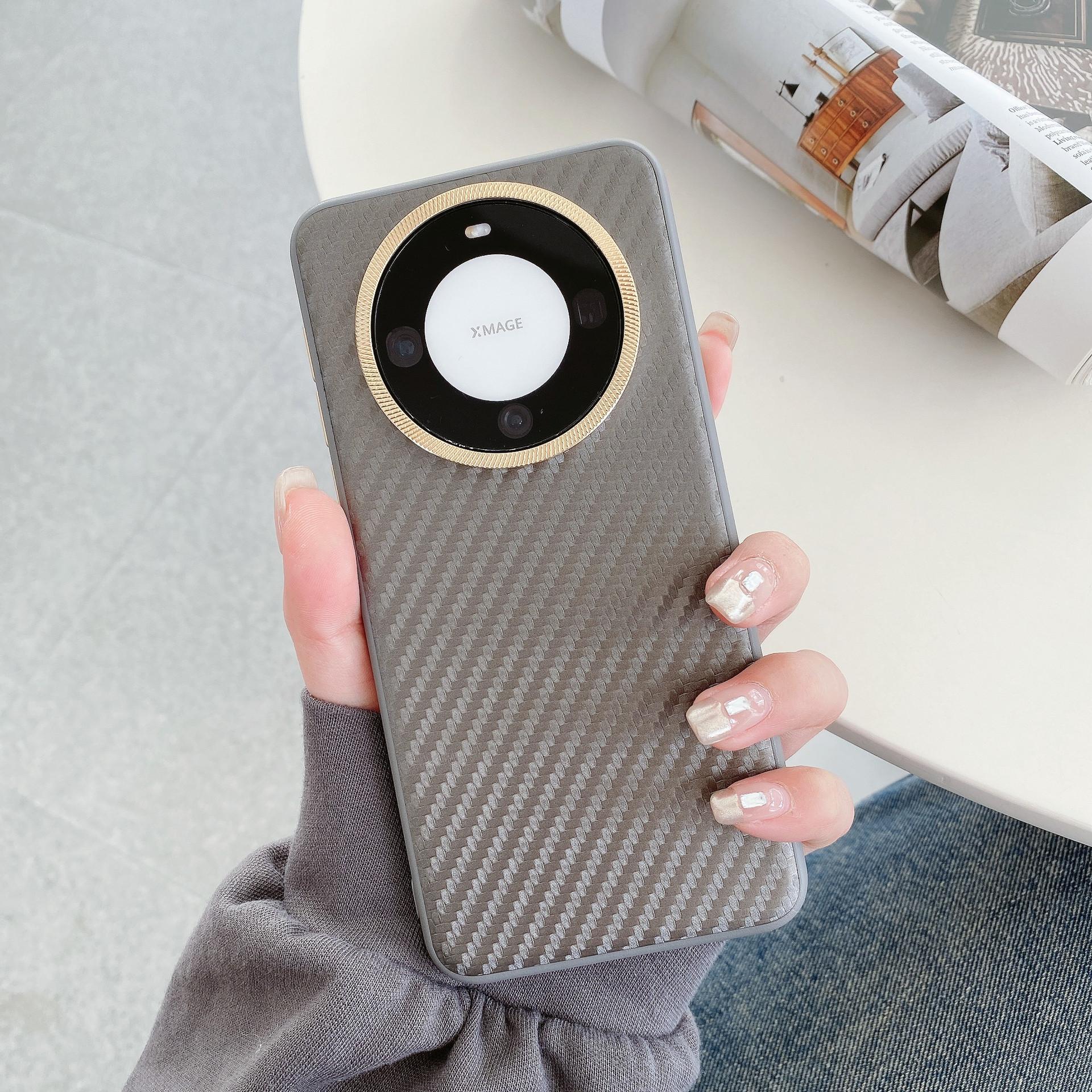 

Suitable for Huawei Mate60pro+ Kevlar Fiber Texture Phone Case P70art with Metal Lens Ring Protective Case mate60 сірий колір