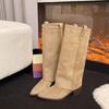 Stivali Western da Cowboy da Donna con Tacco Spesso Vintage alla Moda Scarpe Combinazione Designer Splicing Stivaletti Lunghi da Donna Autunno Inverno