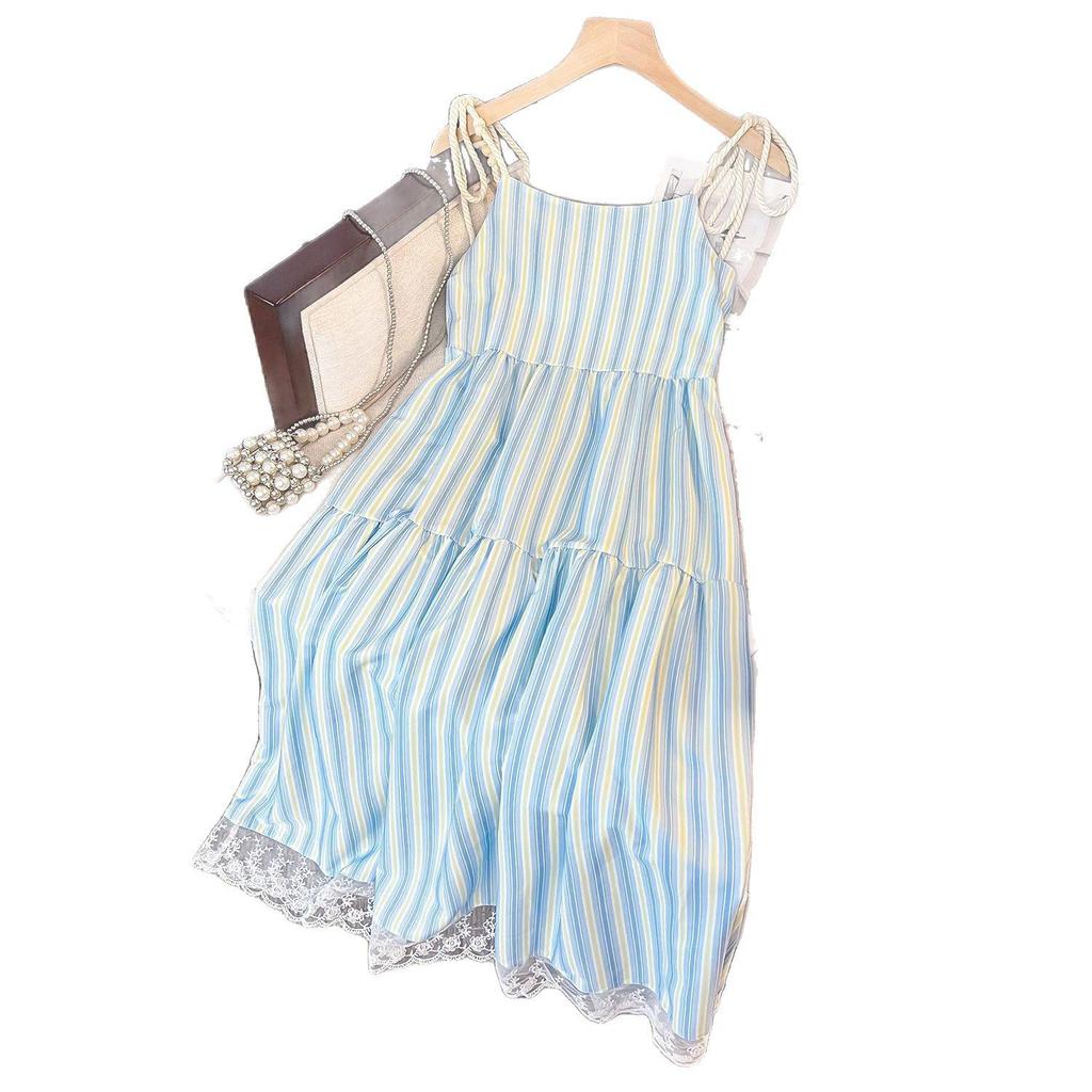 2025 Women's Summer Seaside Striped Spaghetti Strap Long Dress - French Style