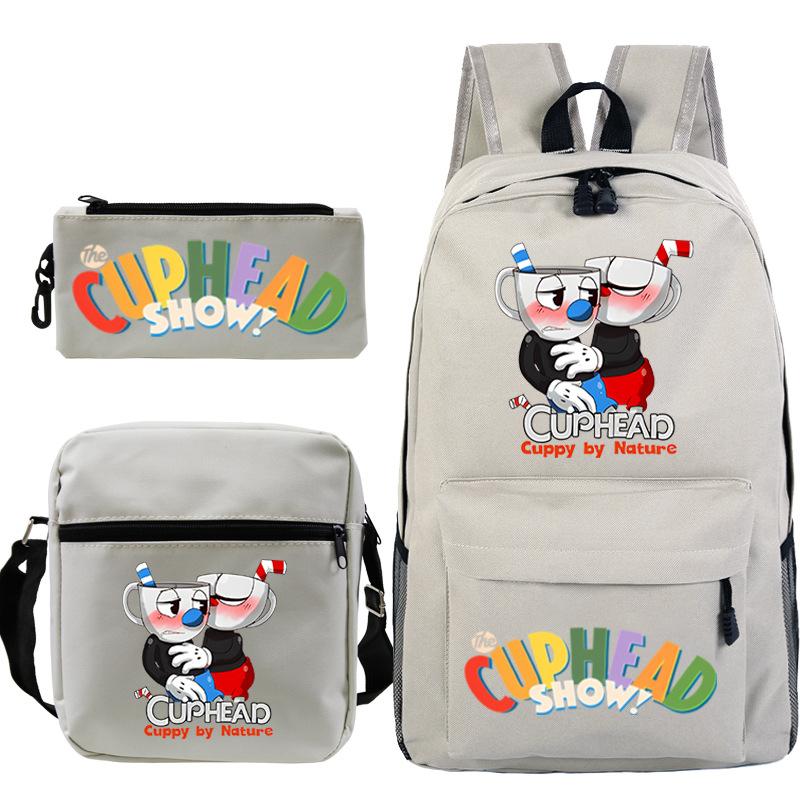 Cartoon Teacup Head Cuphead Student School Bag Backpack Three-piece Set Children's Shoulder Bag Pencil Bag