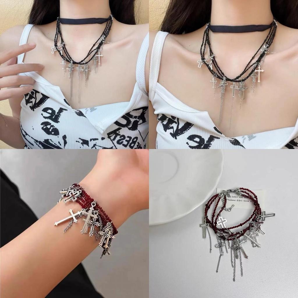 Gothic Cross Layered Necklace Trendy Tassel Choker For Summer Gift Alloy Plated