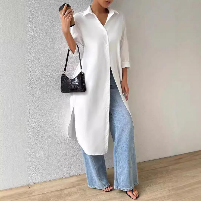 Autumn Collar Long Sleeved Solid Color Korean Versatile Long Style Women's Clothing Solid Color Cardigan Mid Sleeve Shirt Tops