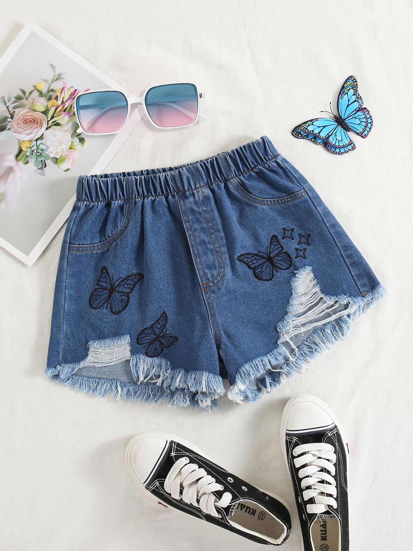 

Single-piece set of girls tassel star decoration cute butterfly embroidery trendy must-have ripped denim shorts new style 12Y темно-синього кольору