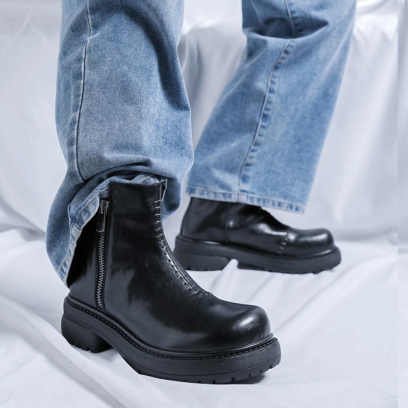 Men's genuine leather boots Classic casual style Work and Office Business Outdoor fashion autumn winter shoes Black Thick Bottom