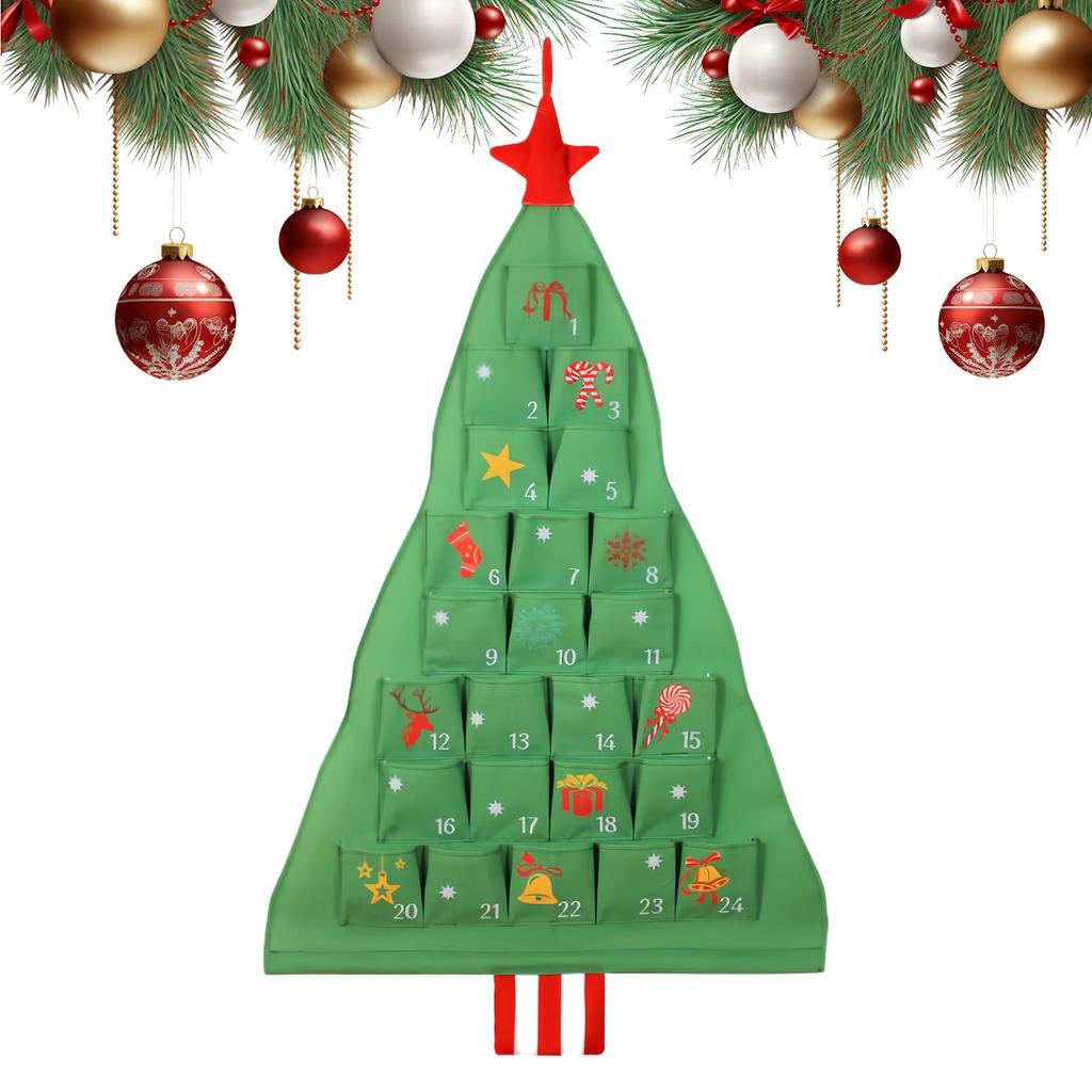 Látkový adventní kalendář s kapsami 24 dní Tvar vánočního stromku Úložná taška Závěsný odpočítávací kalendář Pro domácí dekoratéry Sběratele