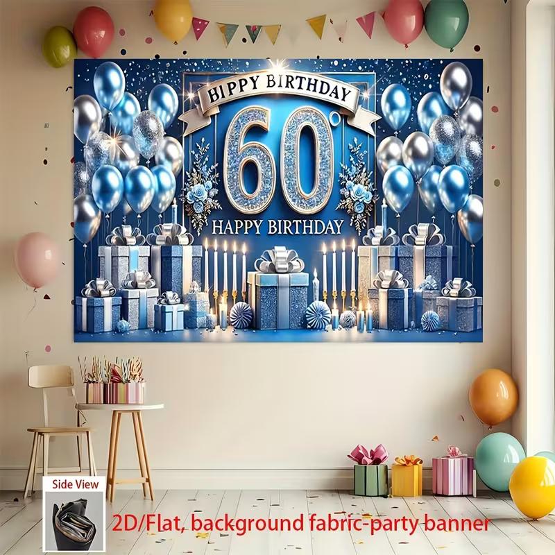 

2D Men s 60th Birthday Celebration Tapestry Blue Silver Balloon Wall Decor 47.2x31.5inch/120*80cm