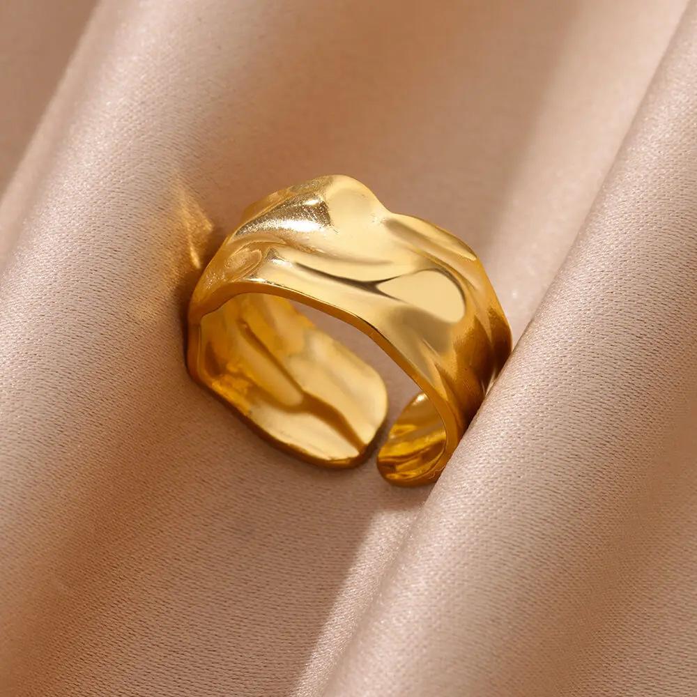Retro Irregular Geometric Chunky Opening Rings for Women Stainless Steel Gold Color Ring Aesthetic Wedding Waterproof Jewelry