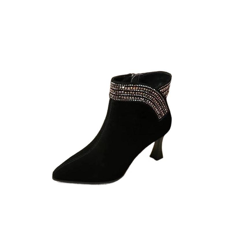 Comfortable high-heeled boots, bright diamond matte fine-heeled short boots, new thick-heeled temperament suede leather shoes