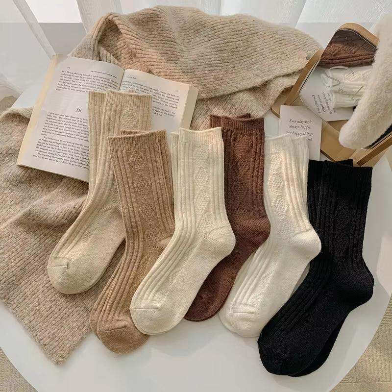 2025 1/3pairs New Cashmere Wool Socks Women's Winter Thicken Warm Black White Pack Set Thermal Japanese Fashion Solid Color