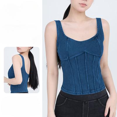 Frühling und Sommer Damen Neu Denim Stretch mit Brustpolster Sportbekleidung Fitness Yoga Camisole