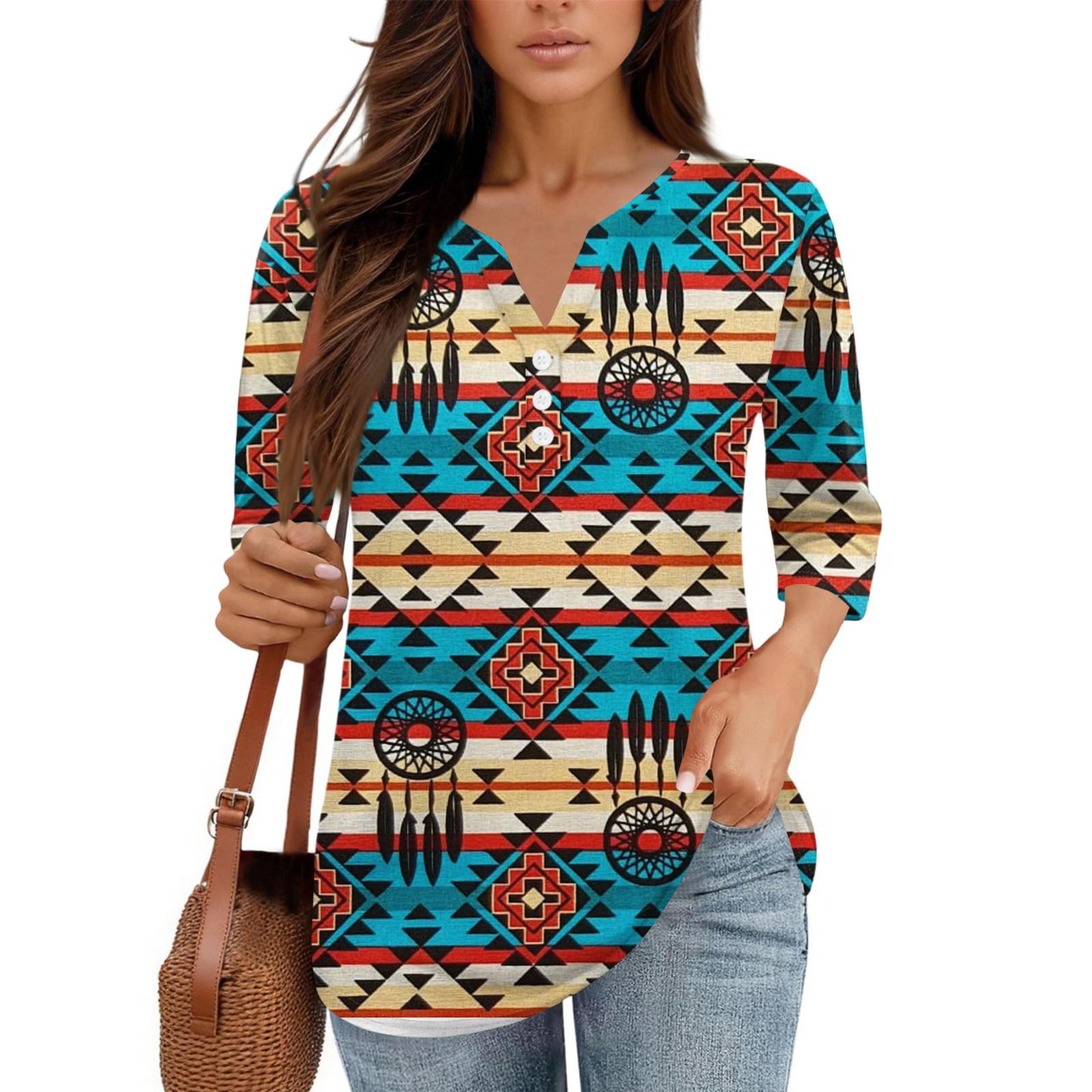 

Women s Floral Print V,Neck Casual Three,Quarter Sleeve Button,Detail Top XXL