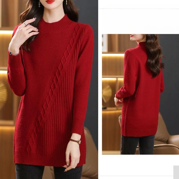 Mid-length Sweater Loose Half Turtleneck Pullover for Women Solid-color Casual Knitted Sweater for Autumn and Winter