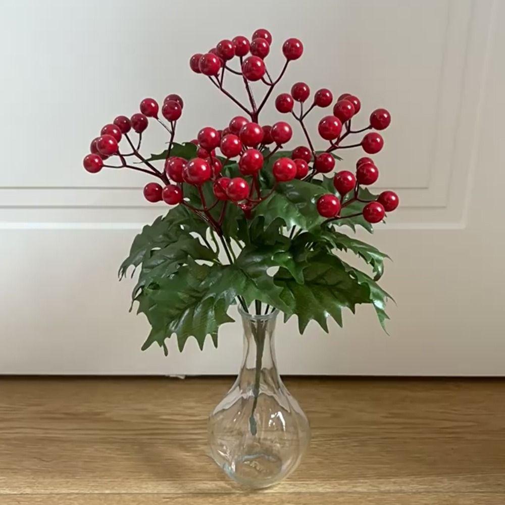 7Branches Artificial Christmas Berry Red Berries Green Holly Leaves Christmas Decorations Desktop Oranment Foam