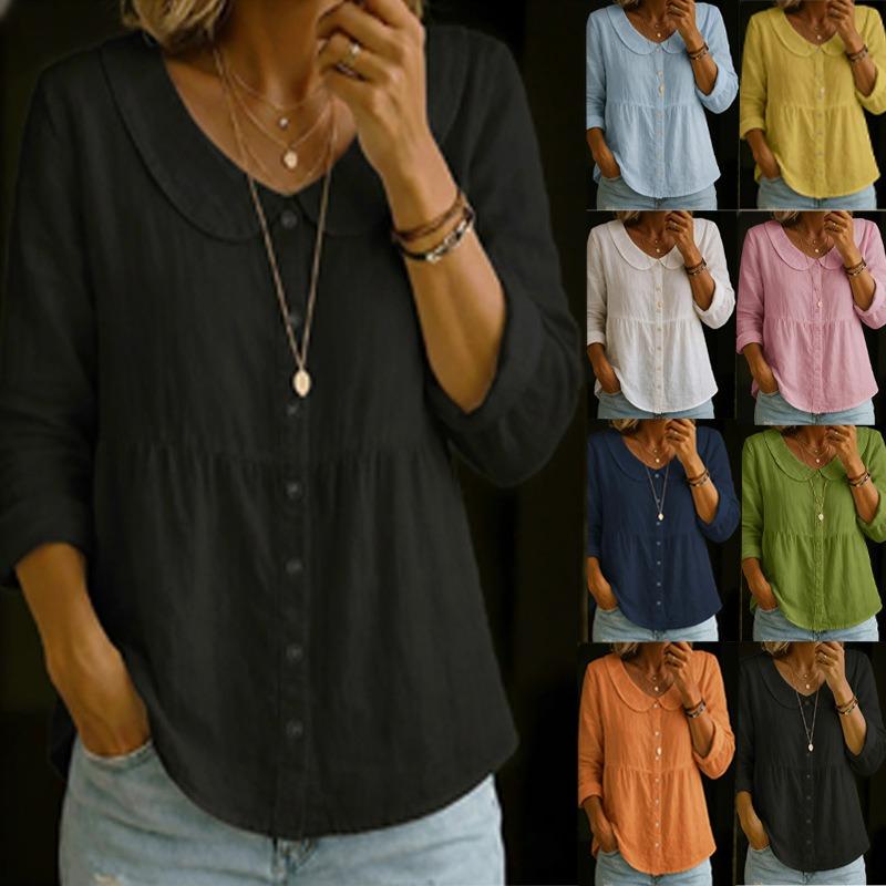 Women's Peter Pan Collar Linen Blend Blouse Button Down Long Sleeve Casual Shirt