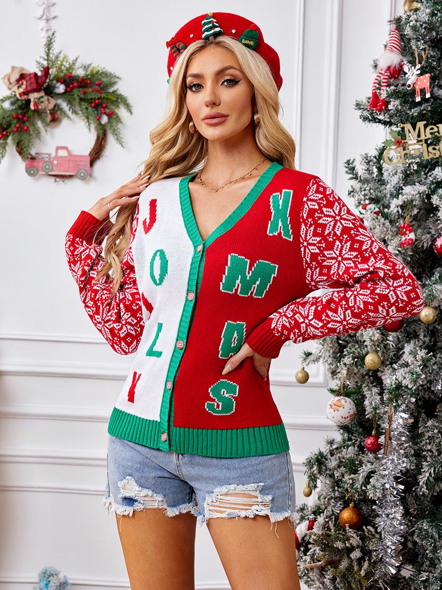 

2025 European & American Autumn/Winter Red Christmas Letter V-neck Knit Cardigan Sweater L