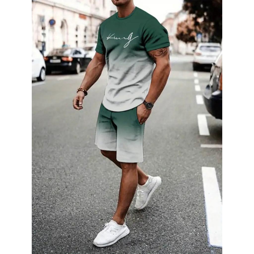 2025 Men's Short Sleeve Set Anchor Print Blue And White Summer Short Sleeve Shorts 2 Pieces Urban Fashion Street Suit