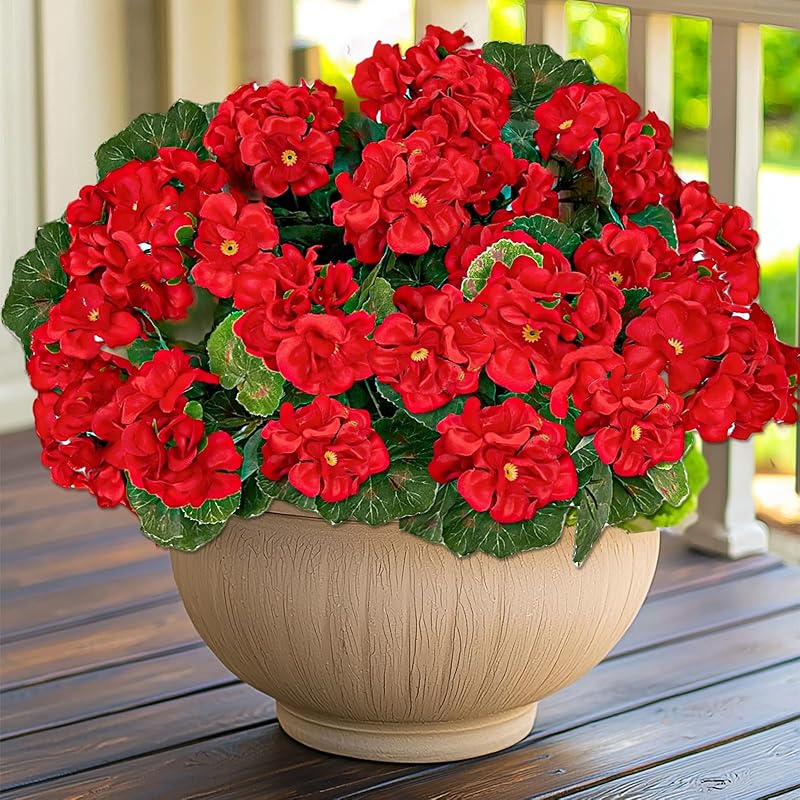 Artificial Geraniums Flowers for Outdoors Summer Decor, 4 Bundles UV Resistant Fake Geraniums Flowers Silk Faux Plants for Home Planter Gardens Table