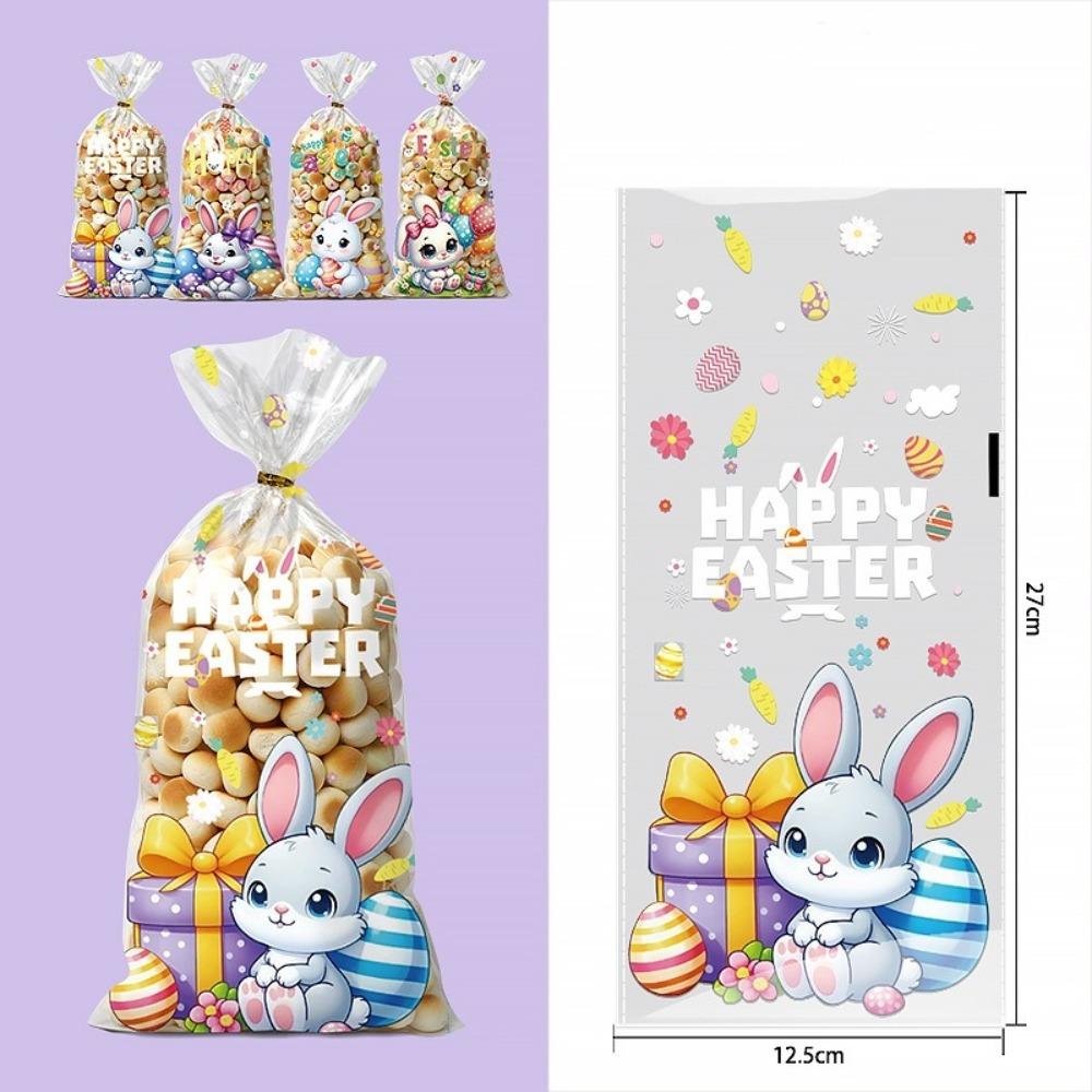 50pcs Happy Easter Plastic Candy Bags Little Bunny Colorful Balloon Gift Packing Bag Easter Egg Pattern Biscuits Wrapping Bag