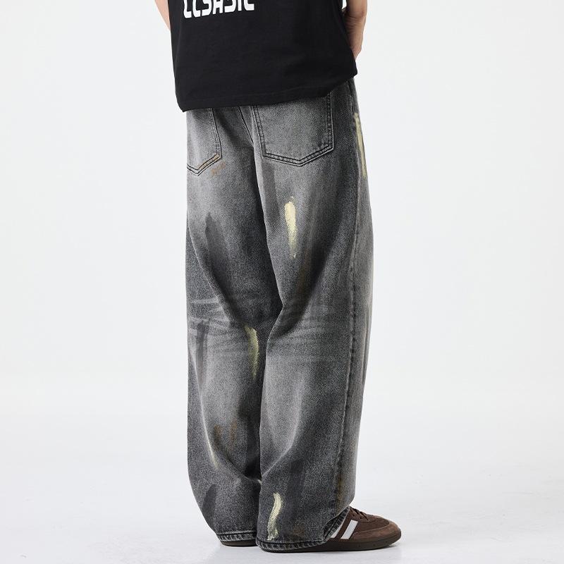 New dark wind hand-painted graffiti wide-leg jeans, men's spring and autumn versatile high street casual trousers
