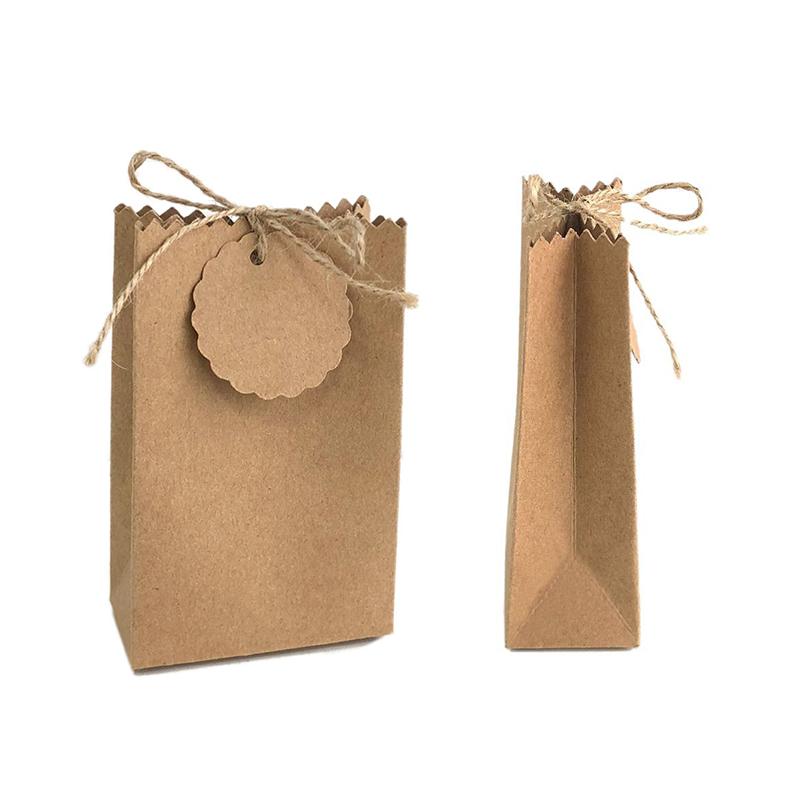 10set With Tag and Rope Candy Box Bread Bag White Candy Biscuit Bag For Guest Gift Gift Bag Brown 7x3.5x11CM