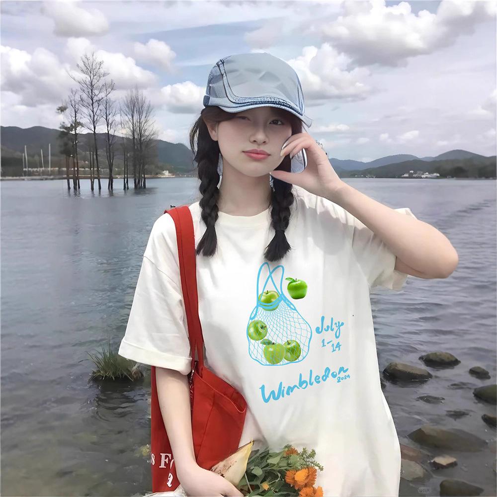 

White cotton fruit print short-sleeved T-shirt women s summer new lazy style casual half-sleeved versatile loose top m (recommended 40-52.5kg ) белый