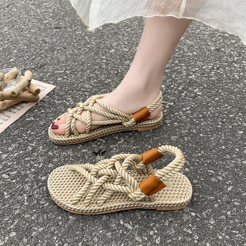 European and American hemp rope sandals woven Roman beach sandals flat bottom