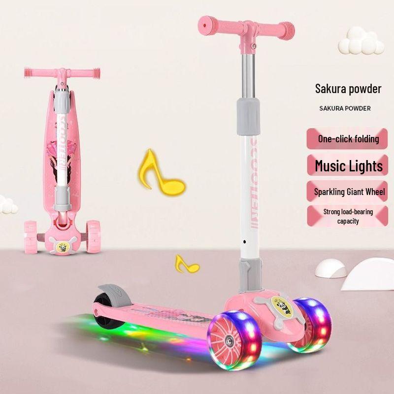 Colorful Folding Scooter with Flashing Music for 2-8 Year Olds - Durable Three-Wheeled Ride-On with Drop-Resistant Handlebar