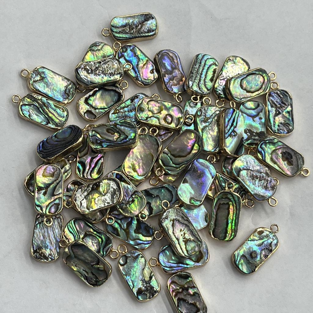 1Pc, Natural Abalone Shell Rectangle Pendant Iridescent Golden Trim Charms for DIY Boho Jewelry Making Necklace & Earrings