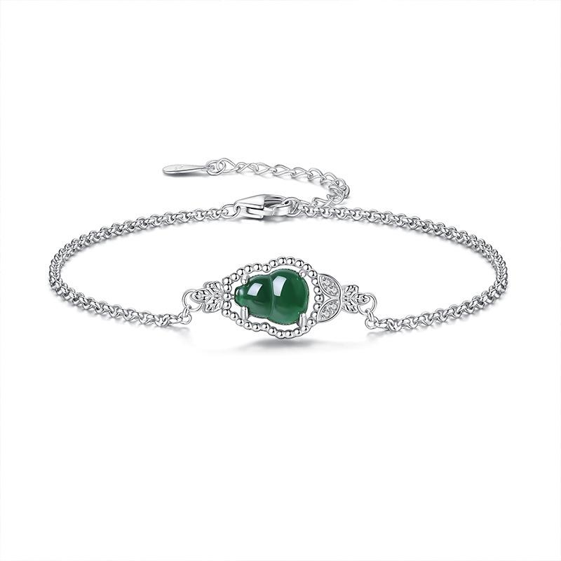Women 925 Sterling Silver Bracelet Natural Jadeite Gourd Bangle New Chinese Style Jewelry