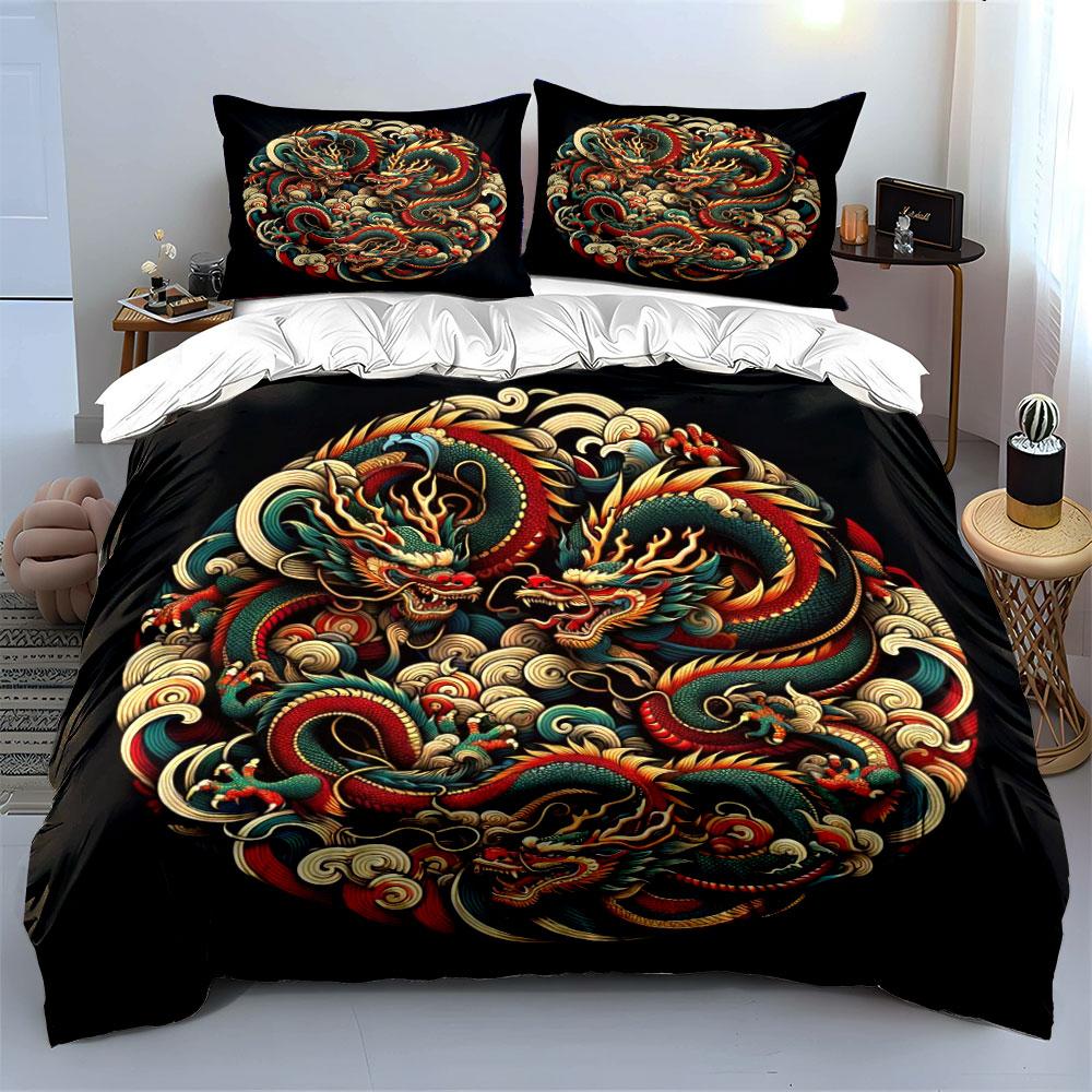 Chinese Dragon Design Set For Decoration Kid'S And Adults' Bedroom Decor, Exquisite Three-Piece Bedding Set Gift