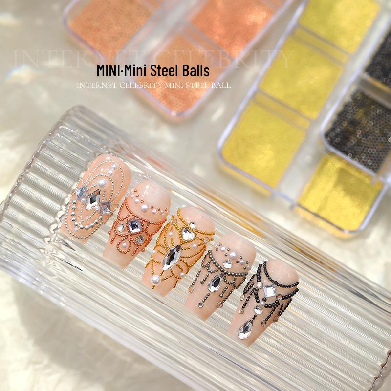 6-Grid Boxed Gold & Silver Metal Round Beads for DIY Nail Art & Jewelry Accessories