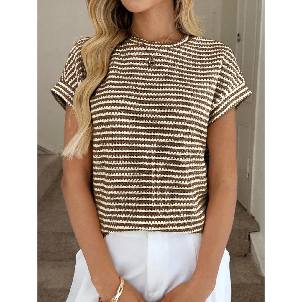 Sommer Damen Rundhals Pullover Zweifarbig Gestrickt Kurzarm Top, Grenzüberschreitend Lässiges Stricktop für Europa Amerika